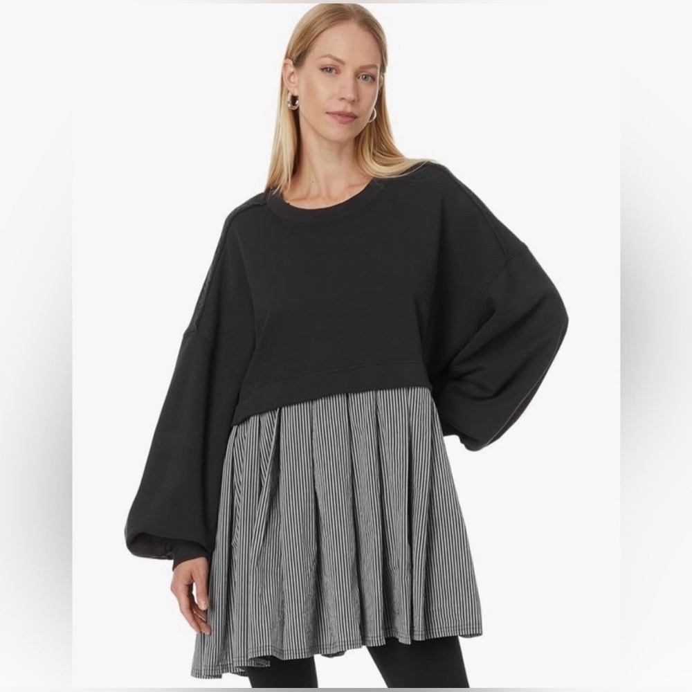 Free People Eleanor Oversized Sweatshirt Pleated Dress Grey Striped Size L - Picture 2 of 5
